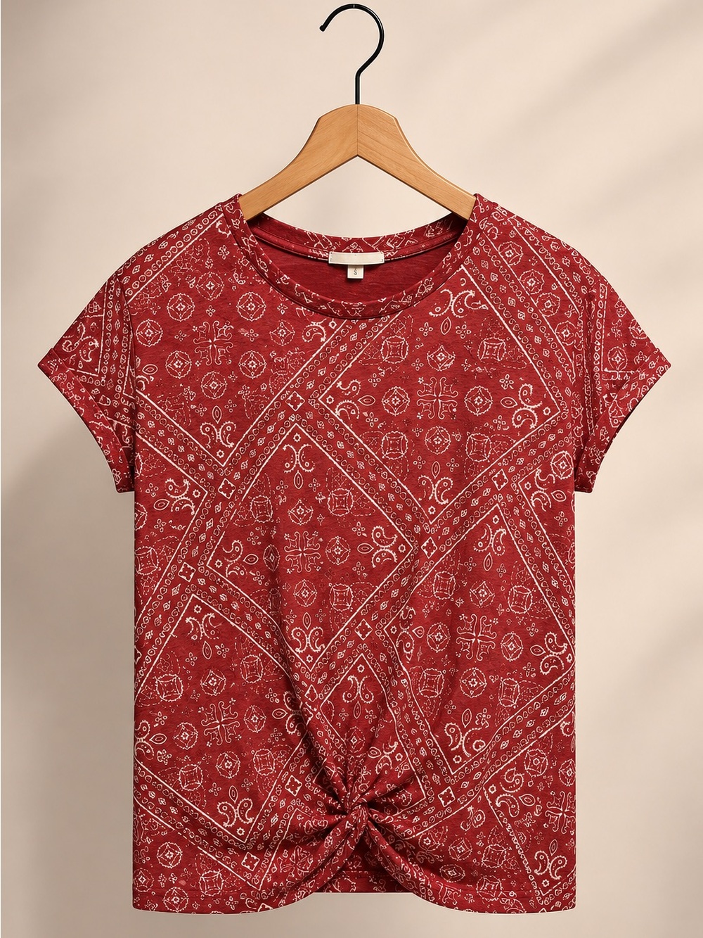 Lucky Brand Red Bandana Print Knot-Front Short Sleeve Tee (317)